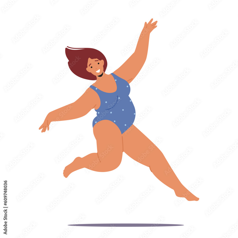 Joyful Plump Woman In A Swimsuit Defies Societal Expectations By Jumping. Energetic, Confident Fat Female Character Joyful Plump Woman In A Swimsuit Defies Societal Expectations By Jumping. Energetic, Confident Fat Female Character