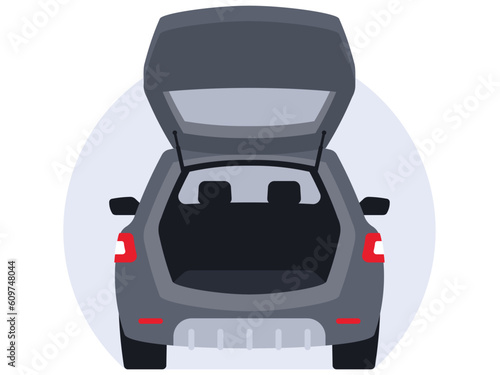 Car rear view. Crossover open trunk. Vector graphics