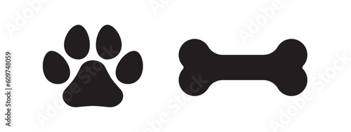 Pet symbols. Paw print. Dog footprint and bone