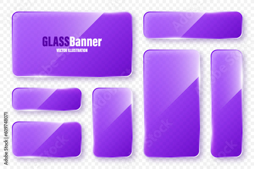 Realistic glass frames collection. Violet transparent glass banners with flares and highlights. Glossy acrylic plate, element with light reflection and place for text. Vector illustration