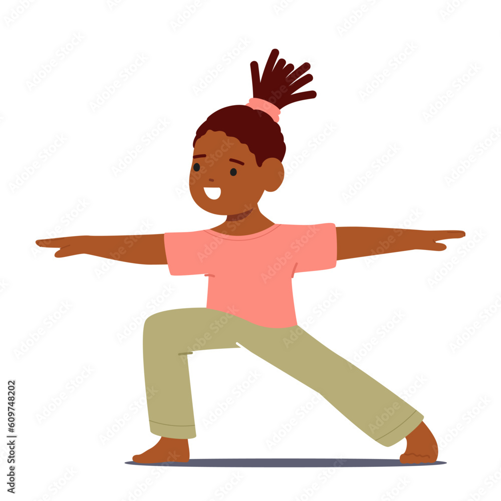 African American Girl Peacefully Practicing Yoga. Child Character Stretching And Balancing Body, Fostering Mindfulness African American Girl Peacefully Practicing Yoga. Child Character Stretching And Balancing Body, Fostering Mindfulness