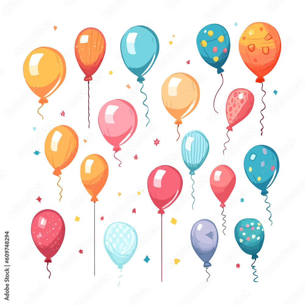 Hand Drawn cute balloons isolated on white background. Template for postcard, banner, poster, web design. Birthday party decoration