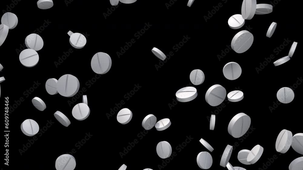 White tablets falling on alpha channel background in a seamless loop. 3D medicine pills background. White tablets falling on alpha channel background in a seamless loop. 3D medicine pills background.