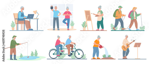 Senior people hobby set. Elderly men and women hiking, painting, fishing, cycling, gardening, plaaying guitar and exercising. Healthy active lifestyle and leisure activities. Vector illustration.