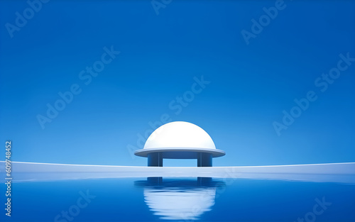 External view of dome and pool, minimalsiticstructure, blue sky generative ai.