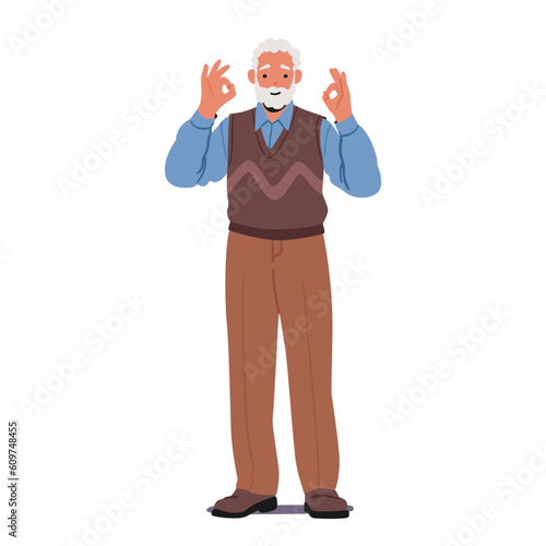 Confident Senior Male Character Displaying Ok Gesture With Hands, Symbolizing Approval, Agreement, Or Satisfaction