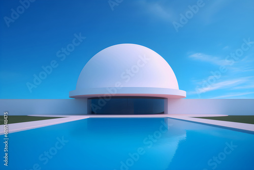 External view of a contemporary building with dome and pool, minimalsitic, blue sky generative ai. photo