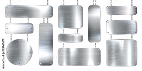 Metal banners hanging on a chain. Realistic shiny steel plate with screws. Polished silver metal surface. Vector illustration