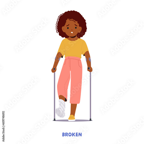 Child Girl Character With Foot Fracture, Wearing A Cast Or Splint, Experiencing Limited Mobility, Vector Illustration