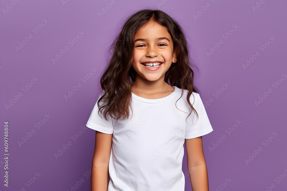 Female child, girl wearing bella canvas white shirt mockup, at purpe background. Design tshirt template, print presentation mock-up. AI generated. Female child, girl wearing bella canvas white shirt mockup, at purpe background. Design tshirt template, print presentation mock-up. AI generated.