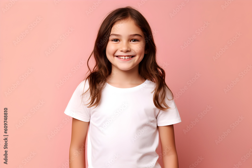 Female child, girl wearing bella canvas white shirt mockup, at pink background. Design tshirt template, print presentation mock-up. AI generated. Female child, girl wearing bella canvas white shirt mockup, at pink background. Design tshirt template, print presentation mock-up. AI generated.
