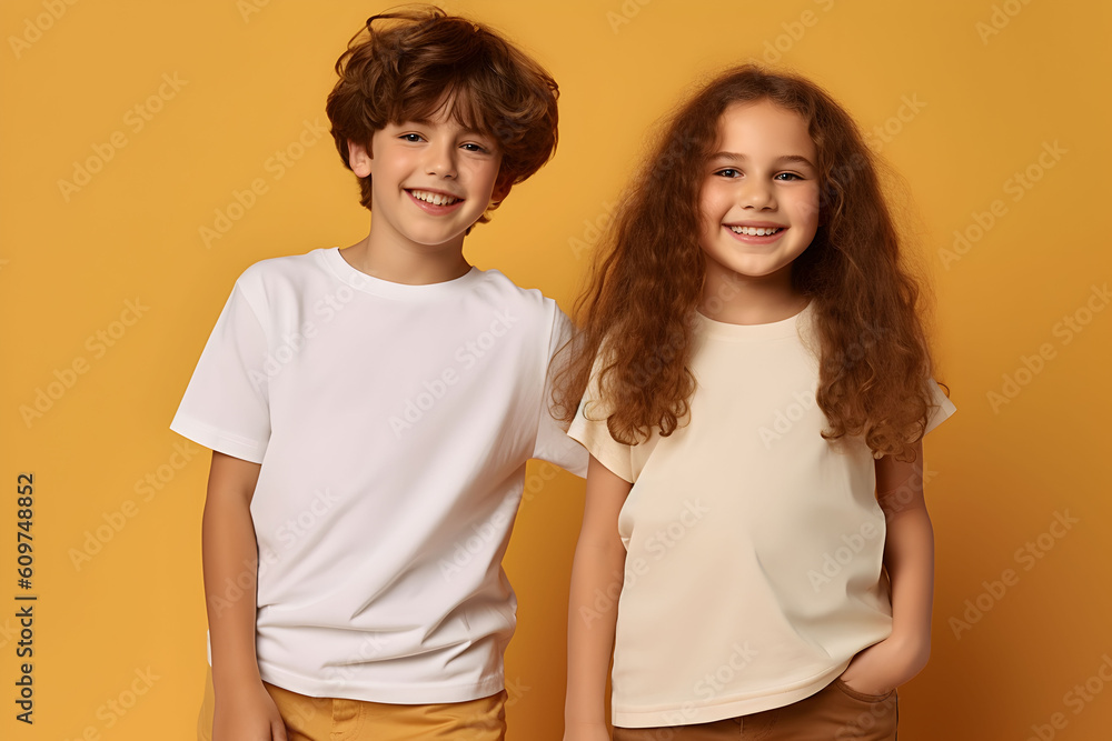 Male and female child, boy and girl, siblings wearing bella canvas white shirt mockup, at yellow background. Design tshirt template, print presentation mock-up. AI generated. Male and female child, boy and girl, siblings wearing bella canvas white shirt mockup, at yellow background. Design tshirt template, print presentation mock-up. AI generated.