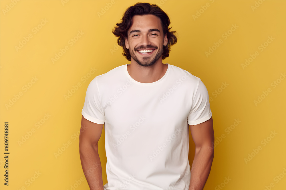 Young man wearing bella canvas white shirt mockup, at yellow background. Design tshirt template, print presentation mock-up. AI generated. Young man wearing bella canvas white shirt mockup, at yellow background. Design tshirt template, print presentation mock-up. AI generated.