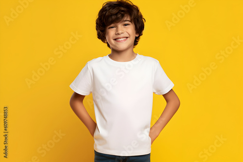 Male child, boy wearing bella canvas white shirt mockup, at yellow background. Design tshirt template, print presentation mock-up. AI generated. photo