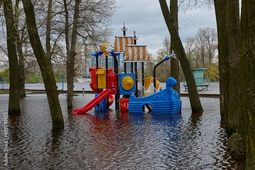 flood in the city, flooded playground