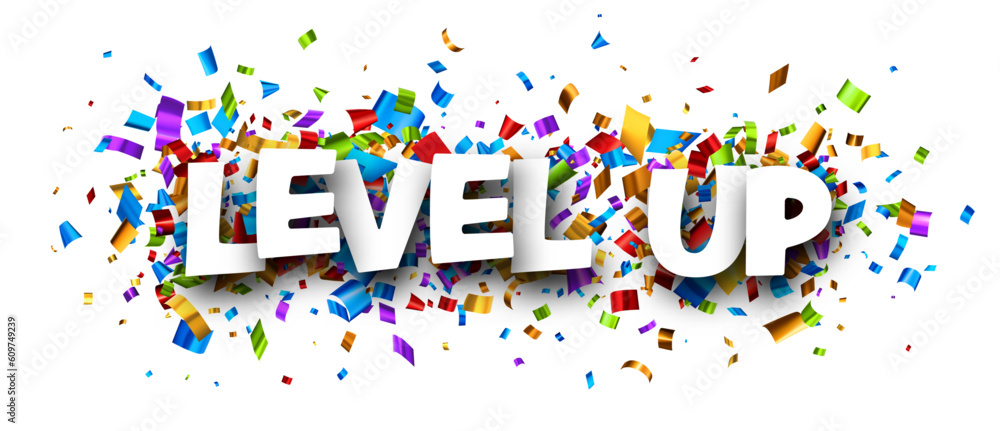 Banner with level up sign over colourful foil cut ribbon confetti background. Design element. Vector illustration. Banner with level up sign over colourful foil cut ribbon confetti background. Design element. Vector illustration.