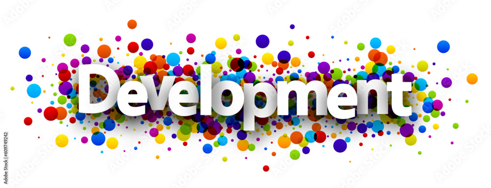 Banner with development sign over colourful round bubble confetti background. Design element. Vector illustration. Banner with development sign over colourful round bubble confetti background. Design element. Vector illustration.
