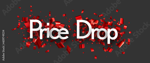 Price drop sign with red cut out foil ribbon confetti on black background. Design element. Vector illustration.