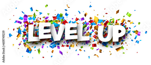 Banner with level up sign over colourful foil cut ribbon confetti background. Design element. Vector illustration.