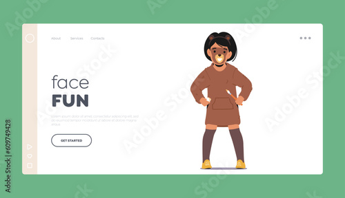 Face Fun Landing Page Template. Playful Child With A Painted Face Resembling a Bear Animal Character Vector Illustration photo