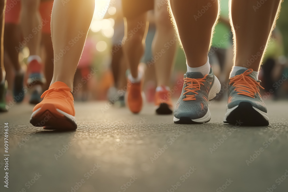 LEGS OF RUNNERS RUNNING IN THE STREET. CLOSE UP. AI ILLUSTRATION. COLOR. HORIZONTAL. 