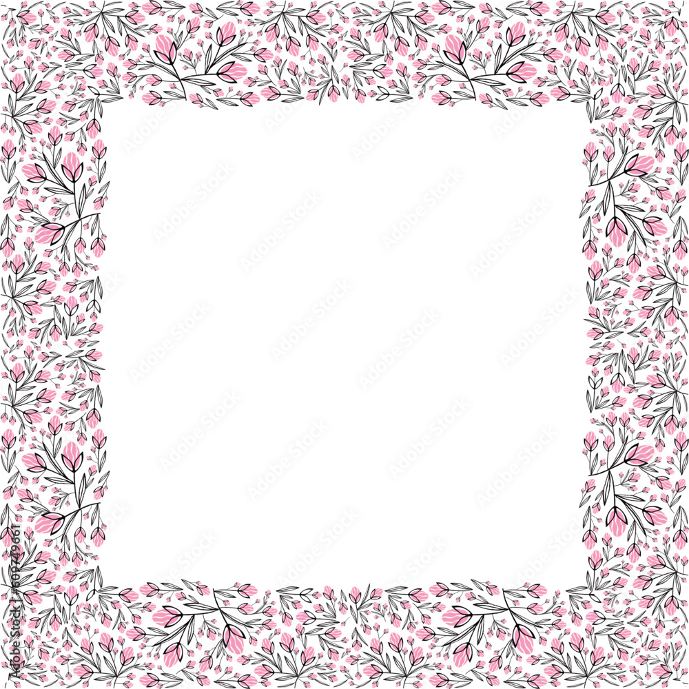 Square pink vibrant floral frame, bright frame with pink tulip flowers Square pink vibrant floral frame, bright frame with pink tulip flowers