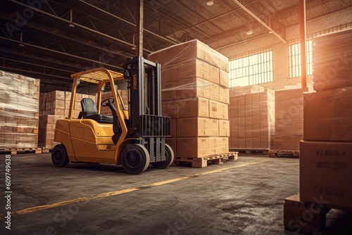 photo of Large cardboard boxes are lifted by forklift Generated AI