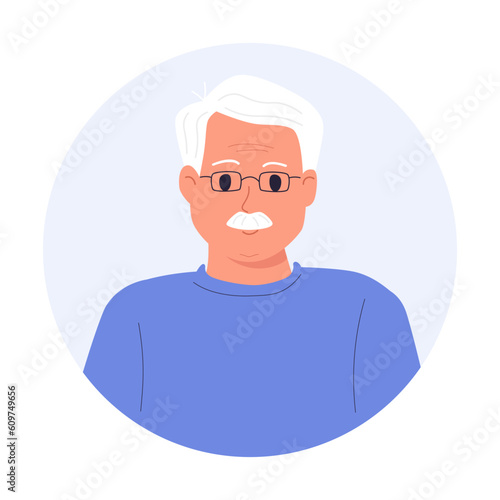 Senior man avatar. Smiling elderly man with beard with gray hair. Vector people character illustration. Cartoon minimal