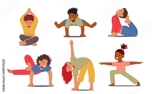 Children Engaging In Yoga, Exploring Mindfulness And Movement. Characters Promoting Flexibility, Balance, And Relaxation