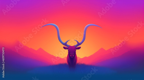 Illustrative Bull in a field on a grassy hill.