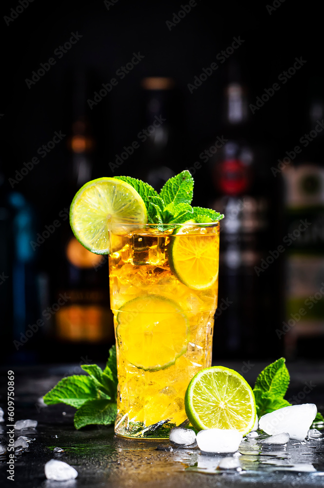 Dark and Stormy alcoholic cocktail drink with dark rum, ginger ale