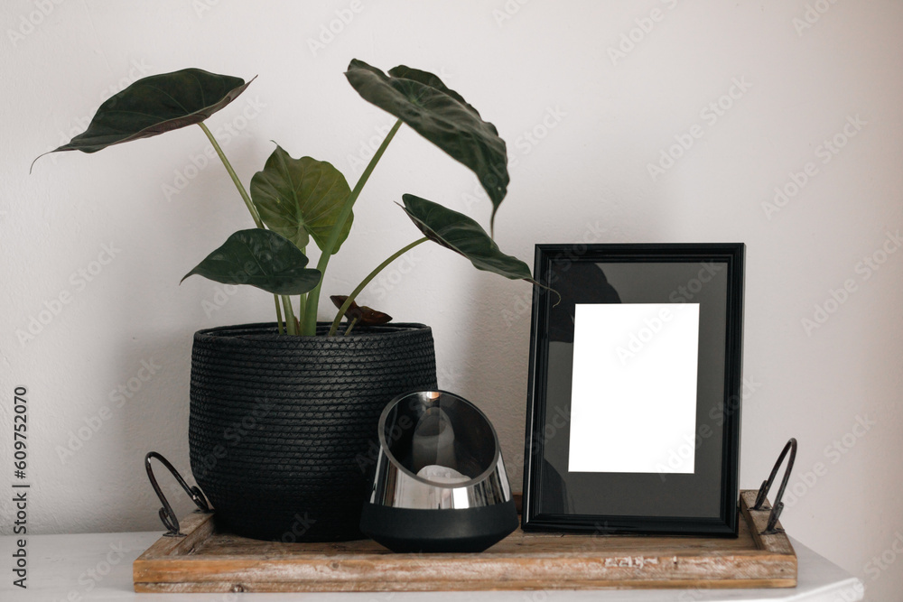 Blank picture frame mockup on white wall / White living room design / View of modern minimalistic style interior with horizontal artwork mock up on wall / Home staging and minimalism concept Blank picture frame mockup on white wall / White living room design / View of modern minimalistic style interior with horizontal artwork mock up on wall / Home staging and minimalism concept