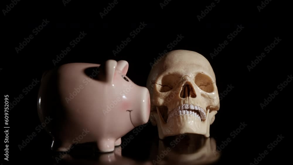 Piggy bank with skull. A view of piggy bank by human skull spinning on the black background. A concept of trouble with family budget and crisis period. Piggy bank with skull. A view of piggy bank by human skull spinning on the black background. A concept of trouble with family budget and crisis period.