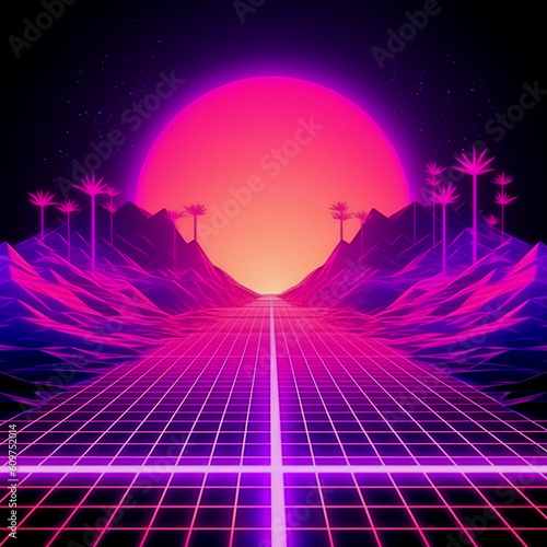 Neon grid landscape and sun with an 80s game style generated by AI.