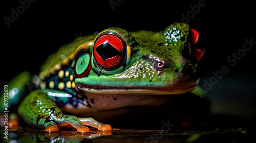 Green Frog With A Vibrant Red Eye Stares Directly. Copy space. Generative AI. 3