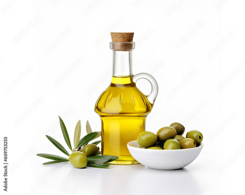 Bottle of olive oil with olives on white background. Bottle of olive oil with olives on white background.