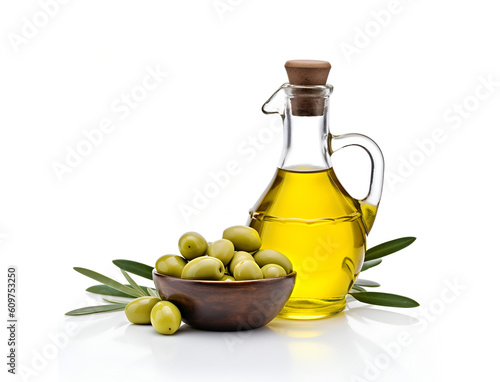 Bottle of olive oil with olives on white background.