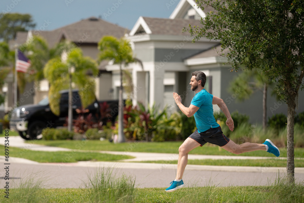 Middle aged millennial hispanic man 40s jogging outside in morning, senior sportsman enjoying active healthy lifestyle. Male athlete sports model fit and healthy life.