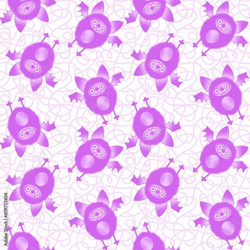 Halloween cartoon monsters seamless kawaii fluffy bats pattern for wrapping paper and fabrics and linens