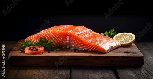 Fresh salmon fillet on a wooden board.