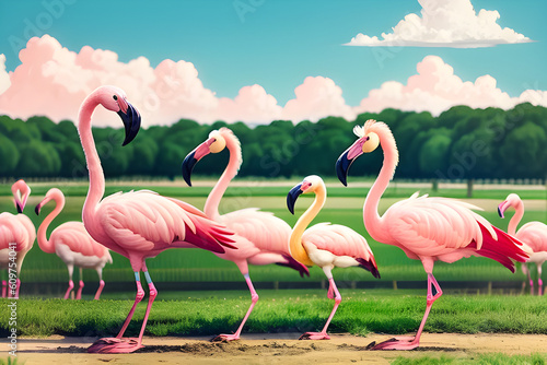 Pink flamingos on a farm. A flock of pink flamingos in their natural habitat. generative AI