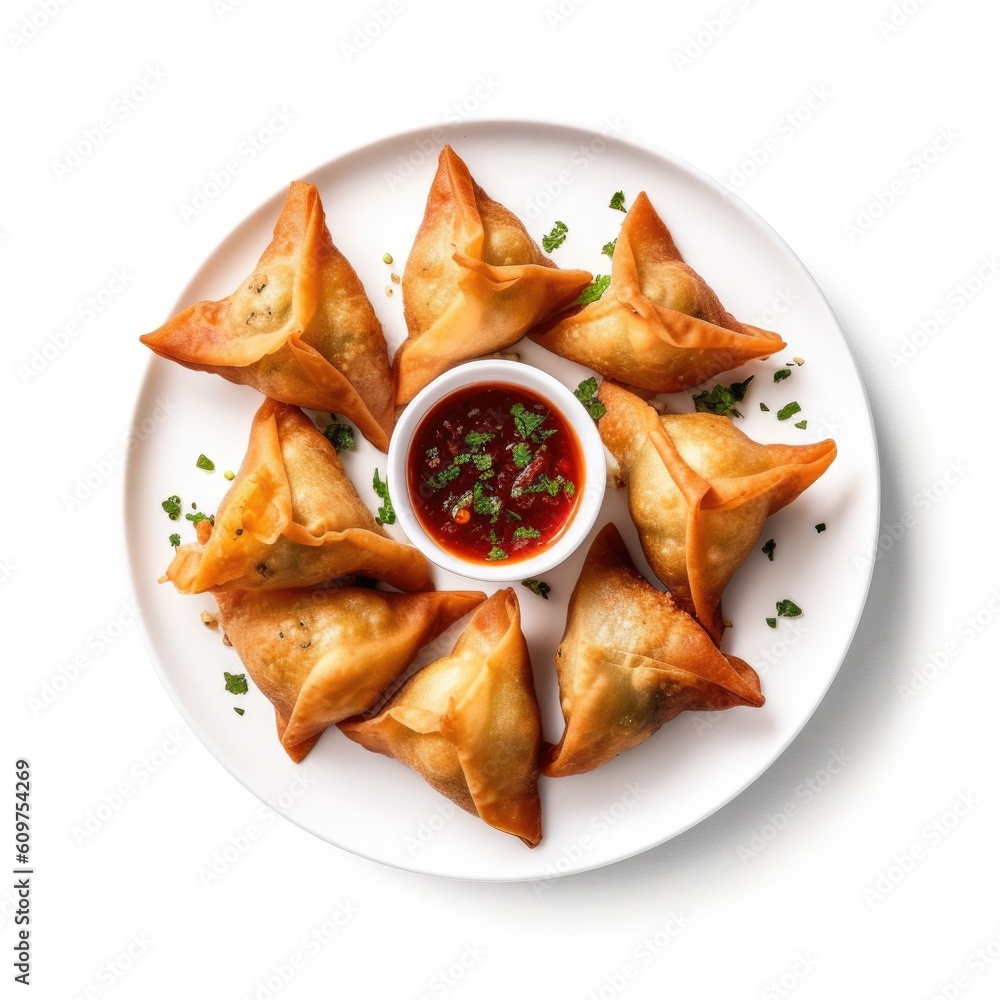 Delicious Plate of Samosas Isolated on a White Background. Generative AI Delicious Plate of Samosas Isolated on a White Background. Generative AI