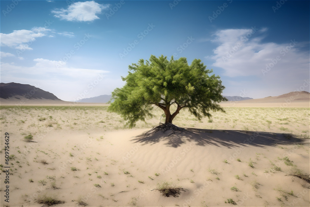 Background of tree under sunshine. Big tree standing in big desert in sand under a blue sky. AI generated content
