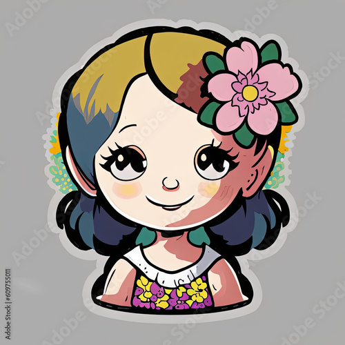 A cute girl with flowers creative logo comic style