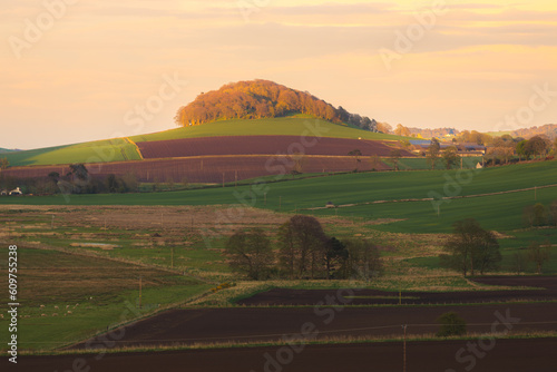 Tela Scenic landscape view of pastoral countryside farmland and ploughed fields at sunset in Moonzie near Cupar in Fife, Scotland, UK