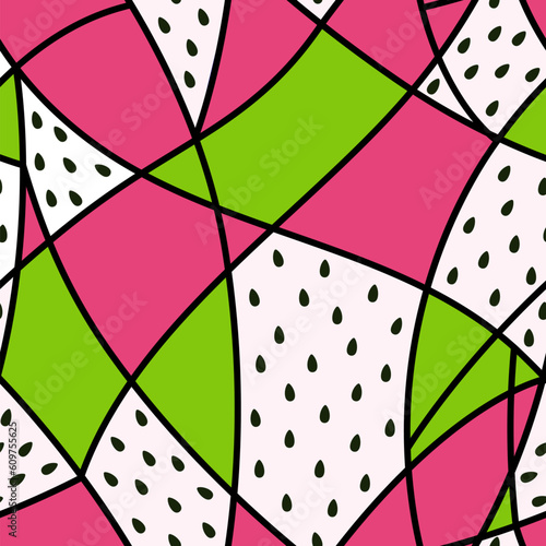 Summer seamless mosaic pattern in pop art style. Modern trendy bright stained glass pattern based on dragon fruit and intersecting lines. For fabric, packaging and other design. Vector Seamless