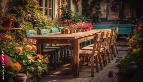 Rustic dining table with flower pot centerpiece brings summer indoors generated by AI