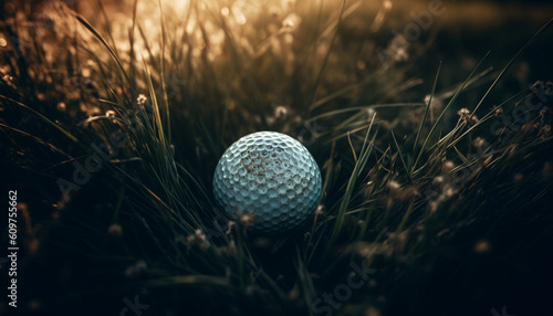 Golf ball on green turf, a perfect summer sport activity generated by AI