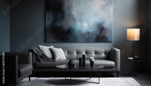 Comfortable modern living room with elegant black leather armchair generated by AI
