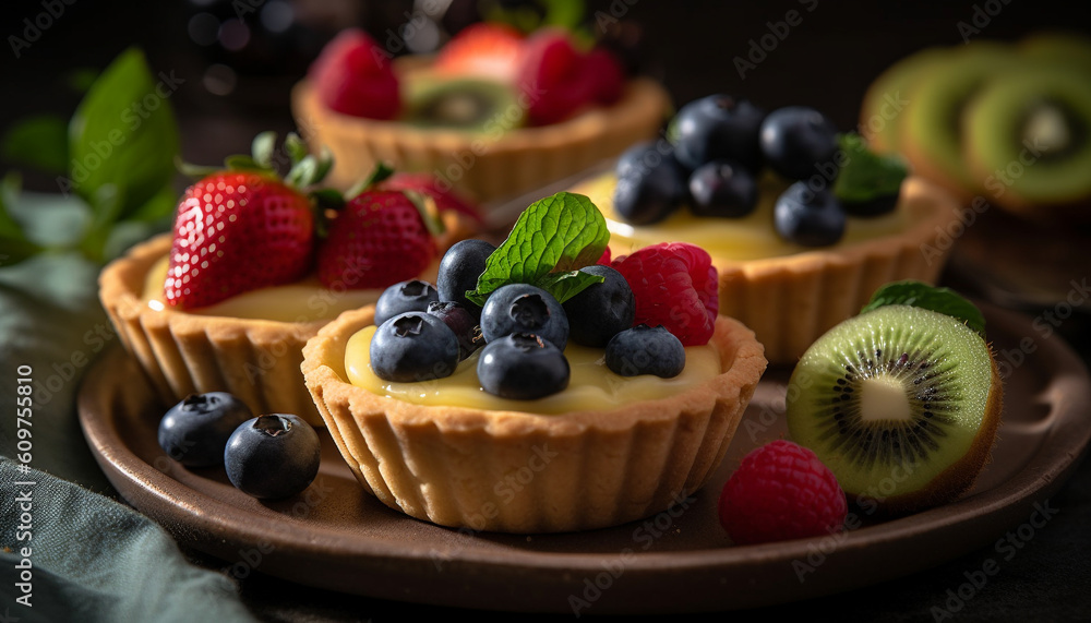 Fresh berry dessert plate with baked blueberry and raspberry tart generated by AI Fresh berry dessert plate with baked blueberry and raspberry tart generated by AI
